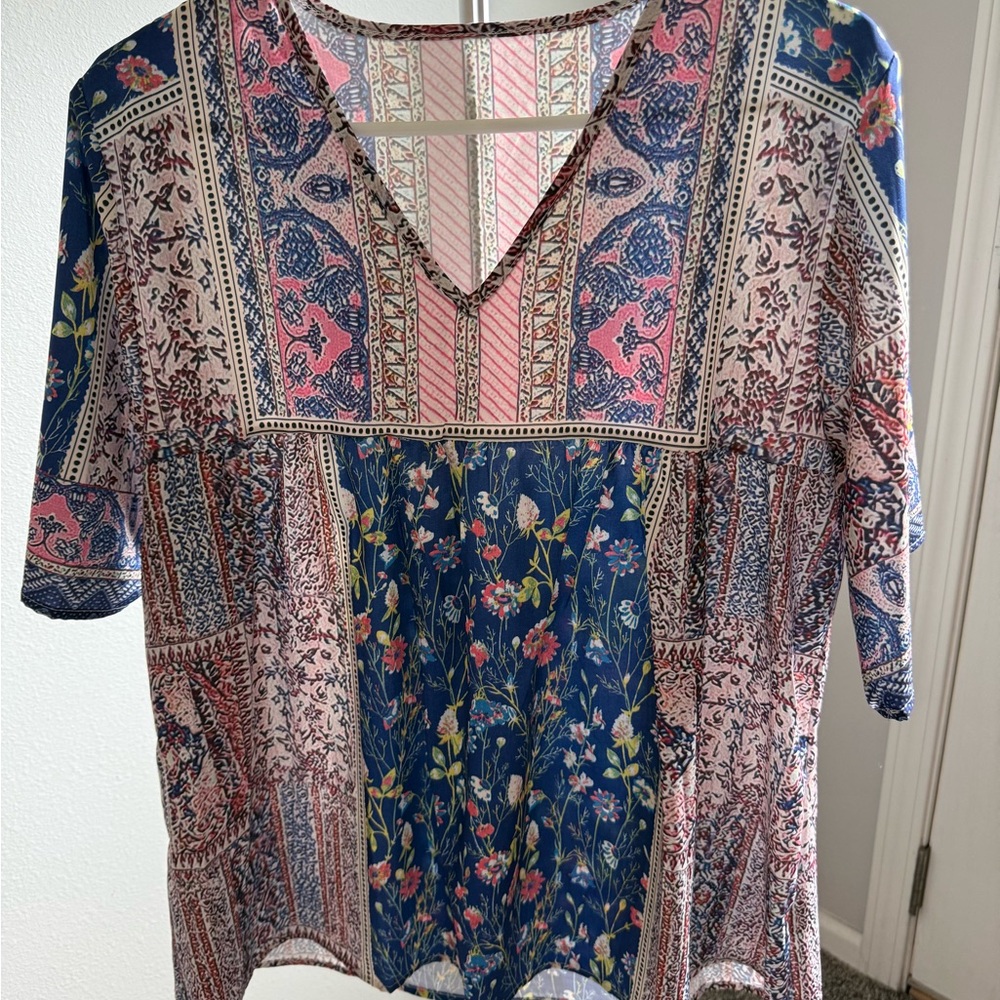 SHEIN Blue and Pink Floral Patchwork V-Neck Blouse